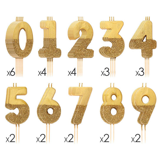 Gold Glitter Birthday Number Candles Set | 0-9 | 30 Pack |