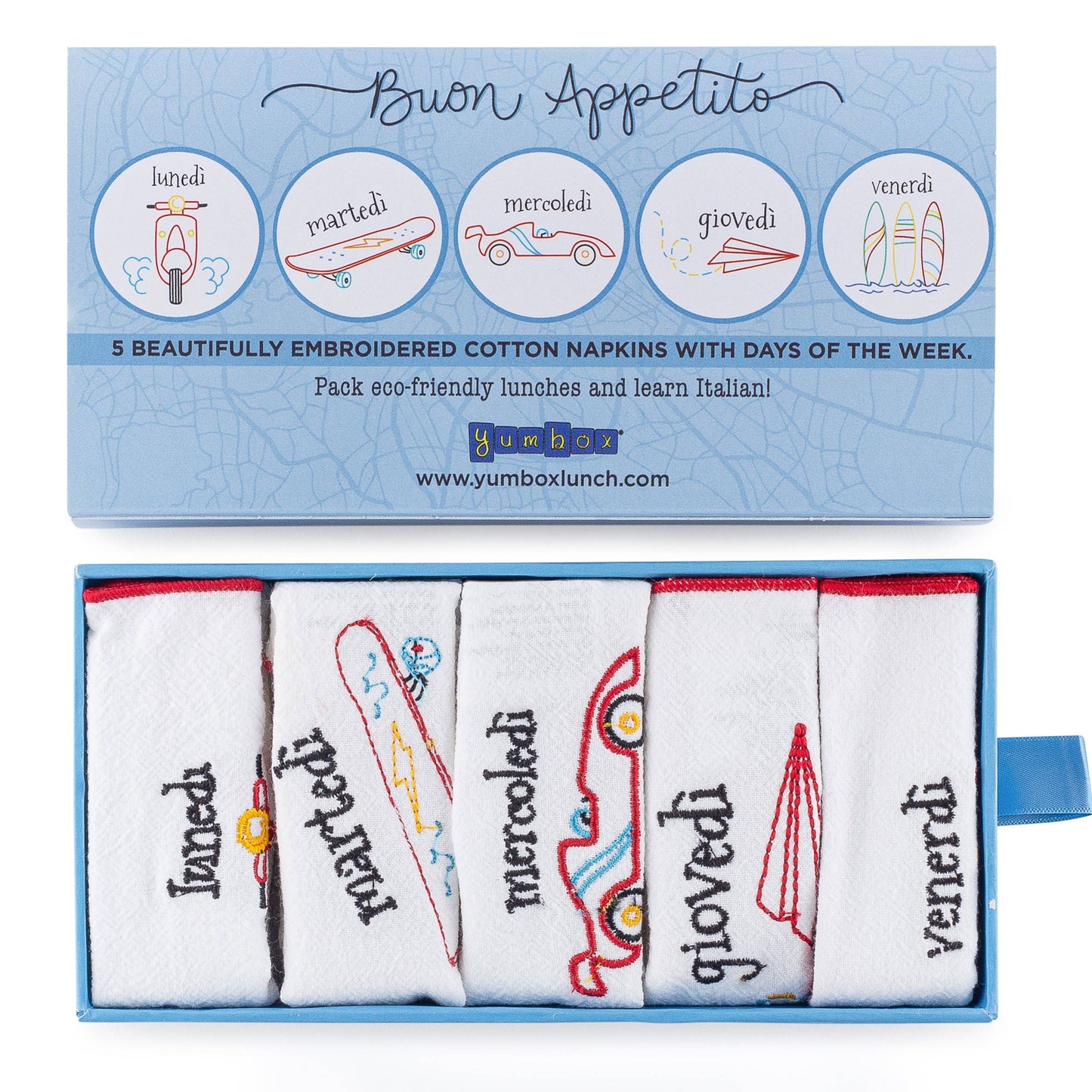 Reusable Embroidered Yumbox Cotton Napkin Set - Italian Days